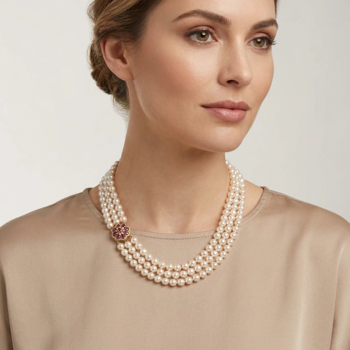 Three Strand Akoya Pearl Necklace with 18ct Ruby & Diamond Clasp