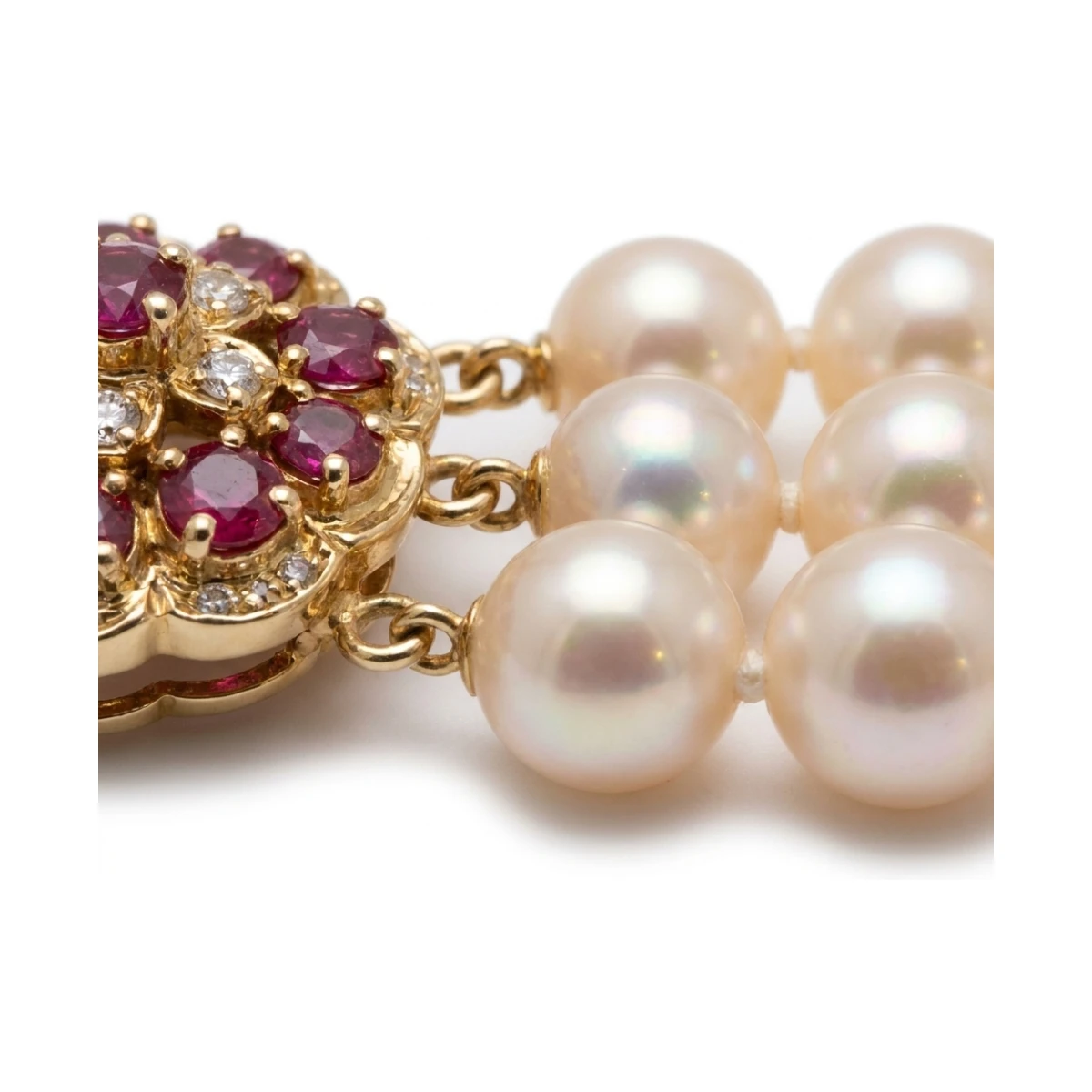 Three Strand Akoya Pearl Necklace with 18ct Ruby & Diamond Clasp