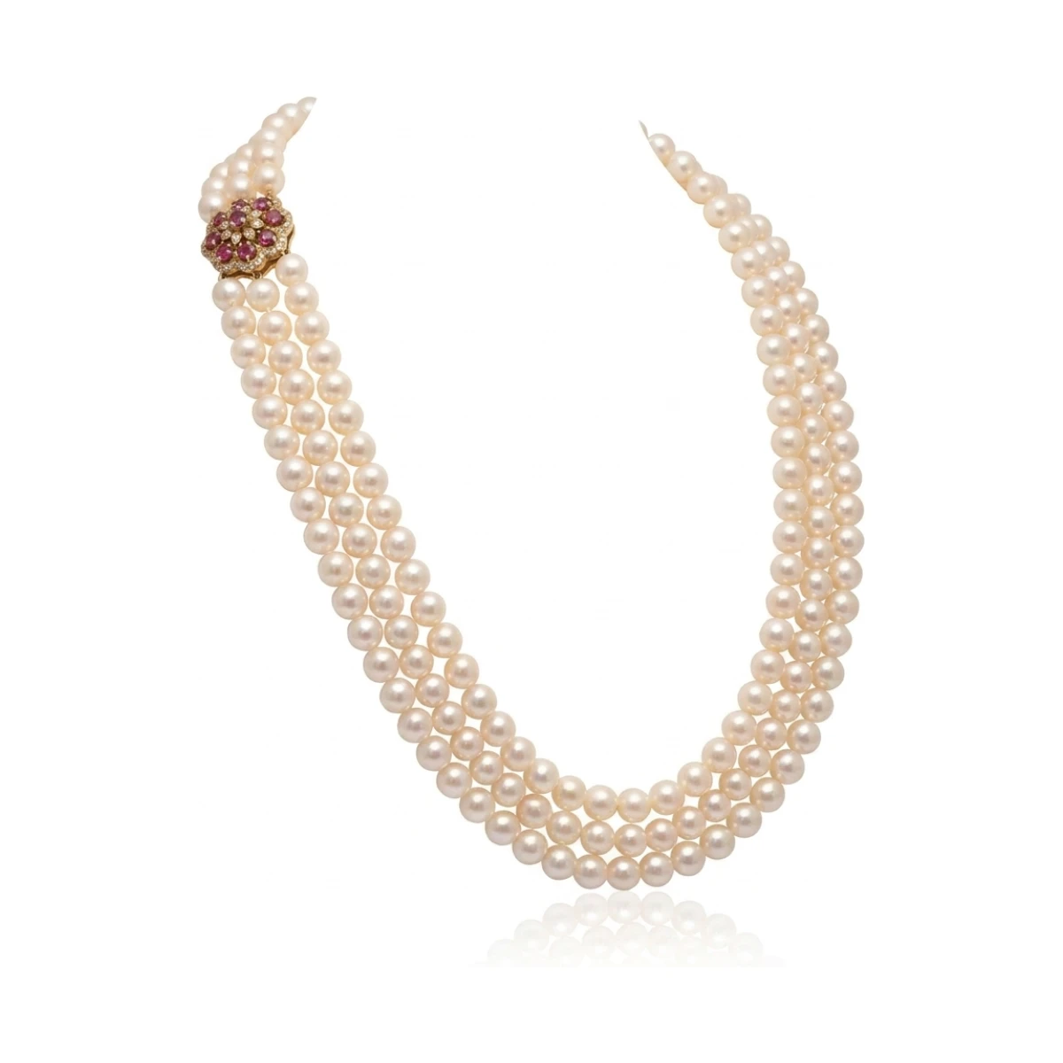 Three Strand Akoya Pearl Necklace with 18ct Ruby & Diamond Clasp