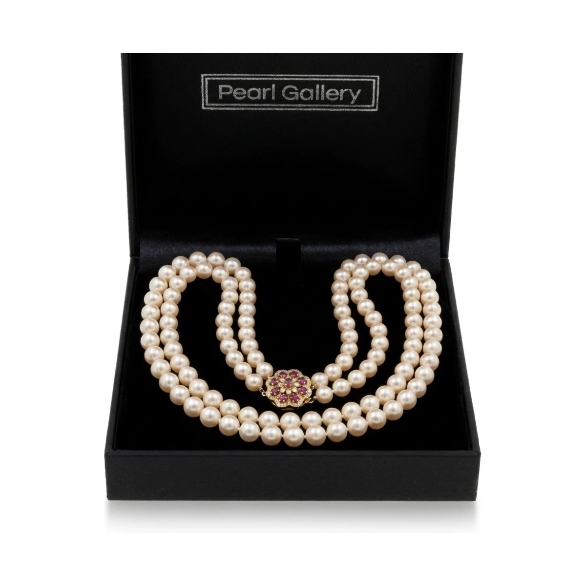 Three Strand Akoya Pearl Necklace with 18ct Ruby & Diamond Clasp