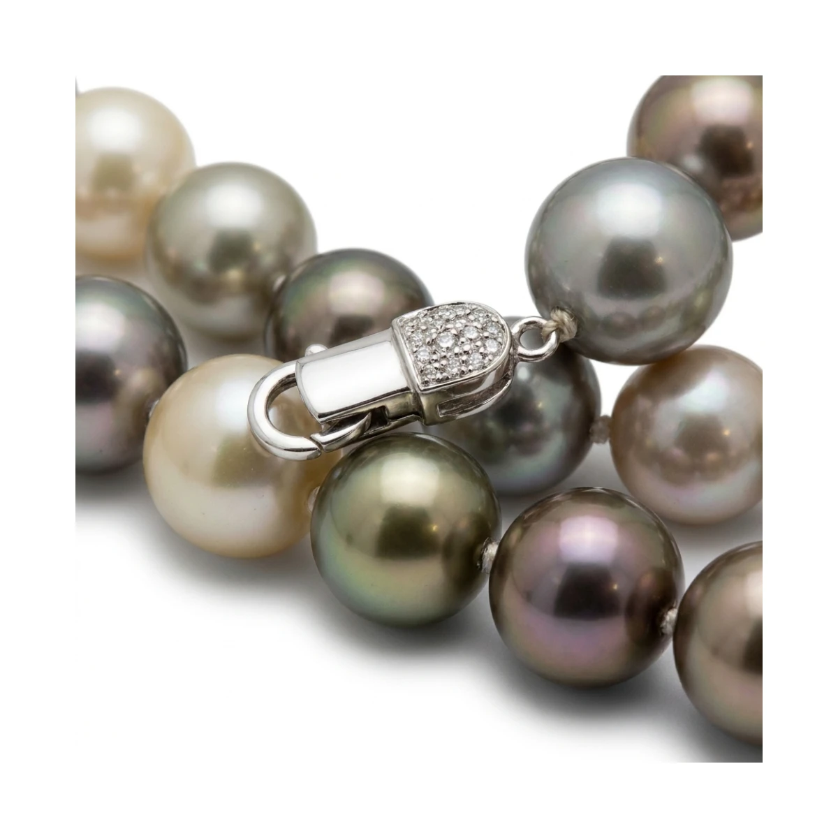 Tahitian Multi-Colour Pearl Necklace With 18ct White Gold Diamond Clasp 9.2 to 11.4 mm