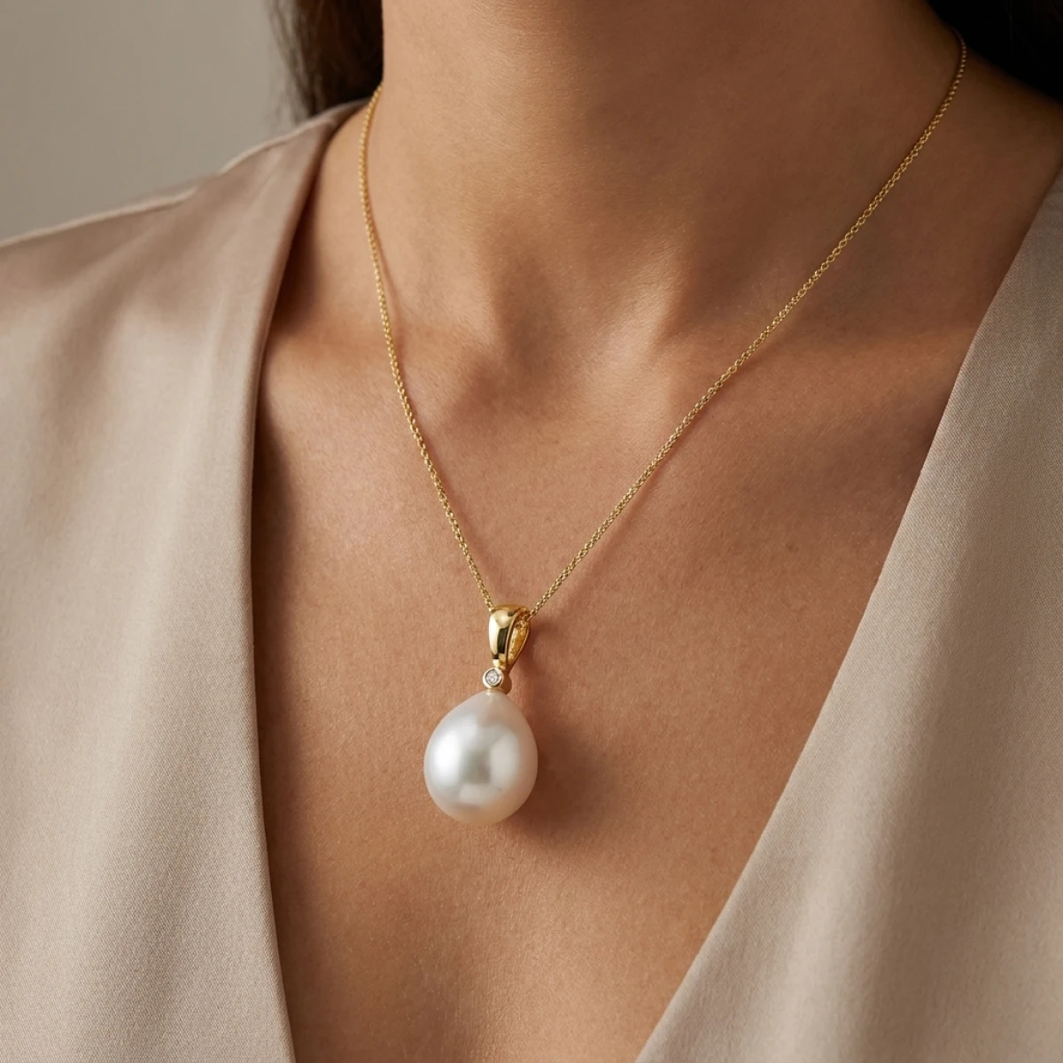 Freshwater Pearl & Diamond Drop Simple Pendant | 9ct Yellow Gold