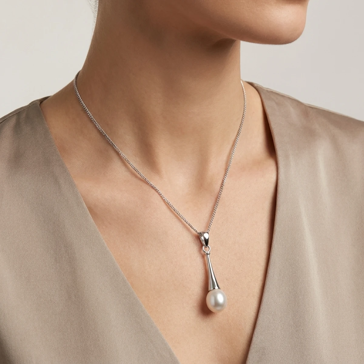 Contemporary Freshwater Pearl Fluted Drop Design Pendant  |  9ct White Gold