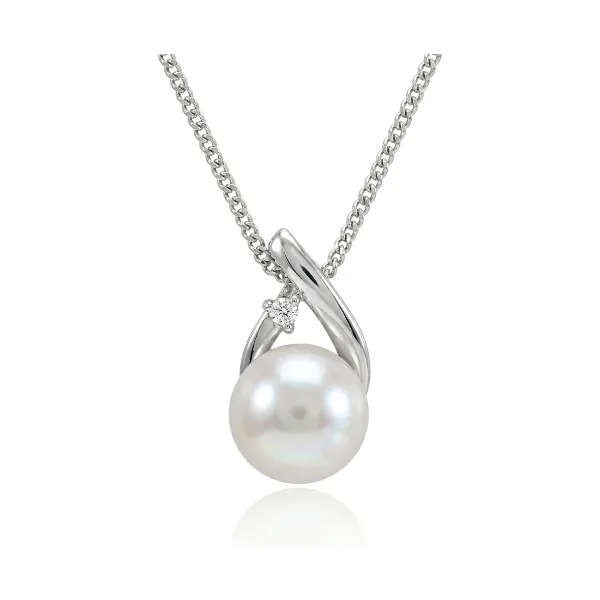 Freshwater Pearl & Claw Set Diamond Loop Design Pendant  |  9ct White Gold