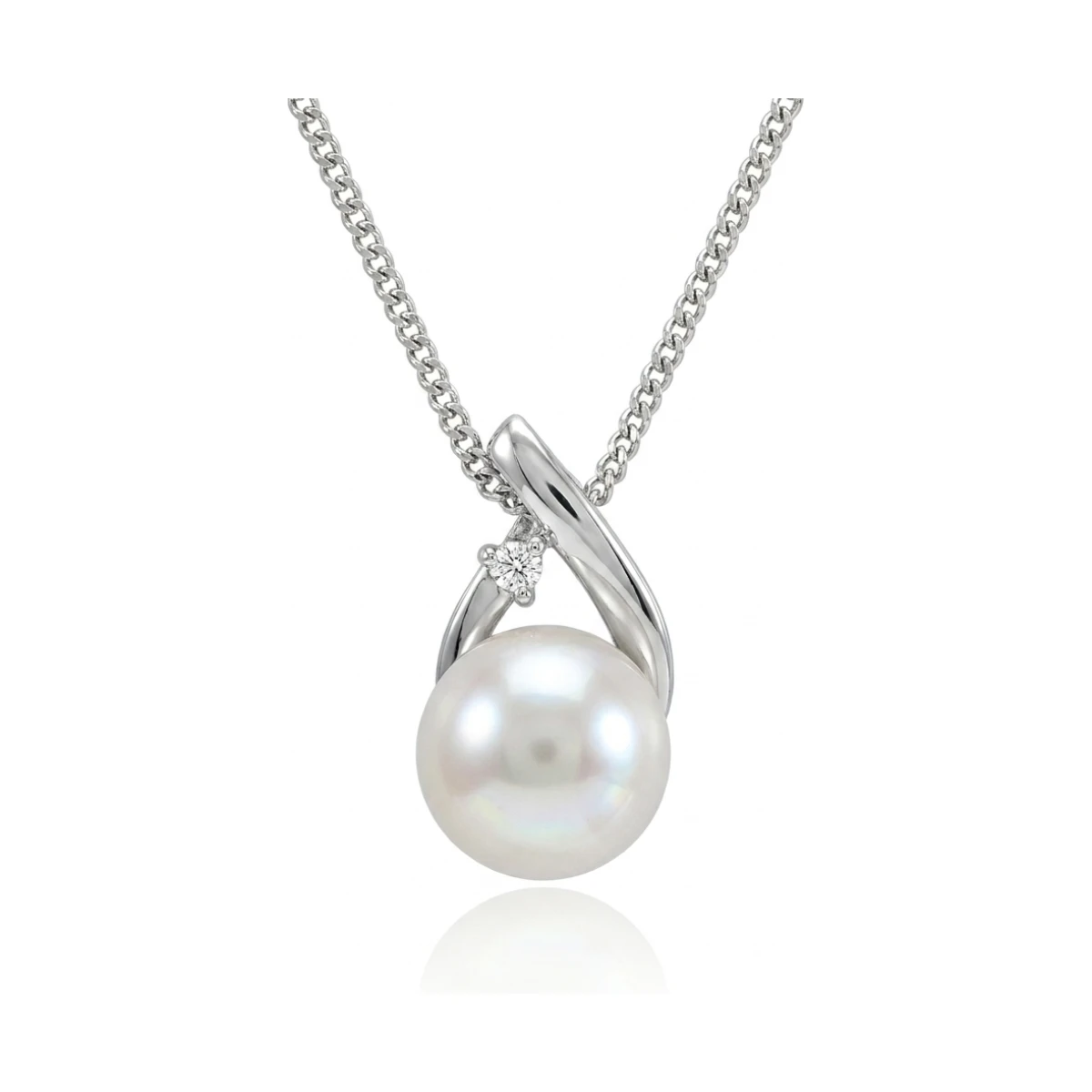 Freshwater Pearl & Claw Set Diamond Loop Design Pendant  |  9ct White Gold