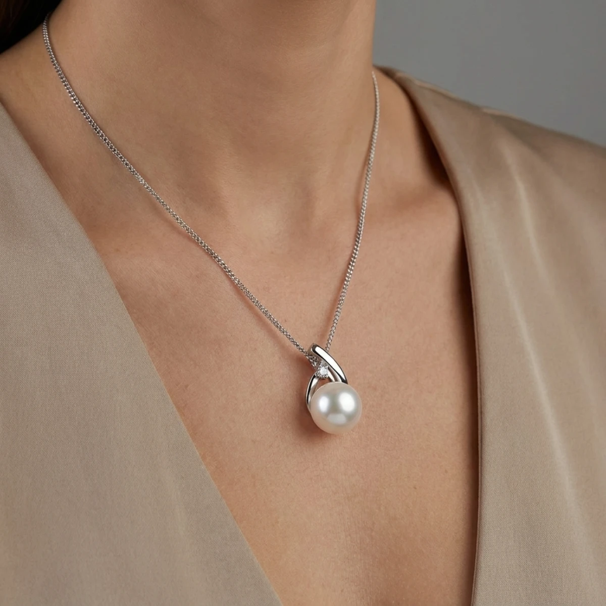 Freshwater Pearl & Claw Set Diamond Loop Design Pendant  |  9ct White Gold