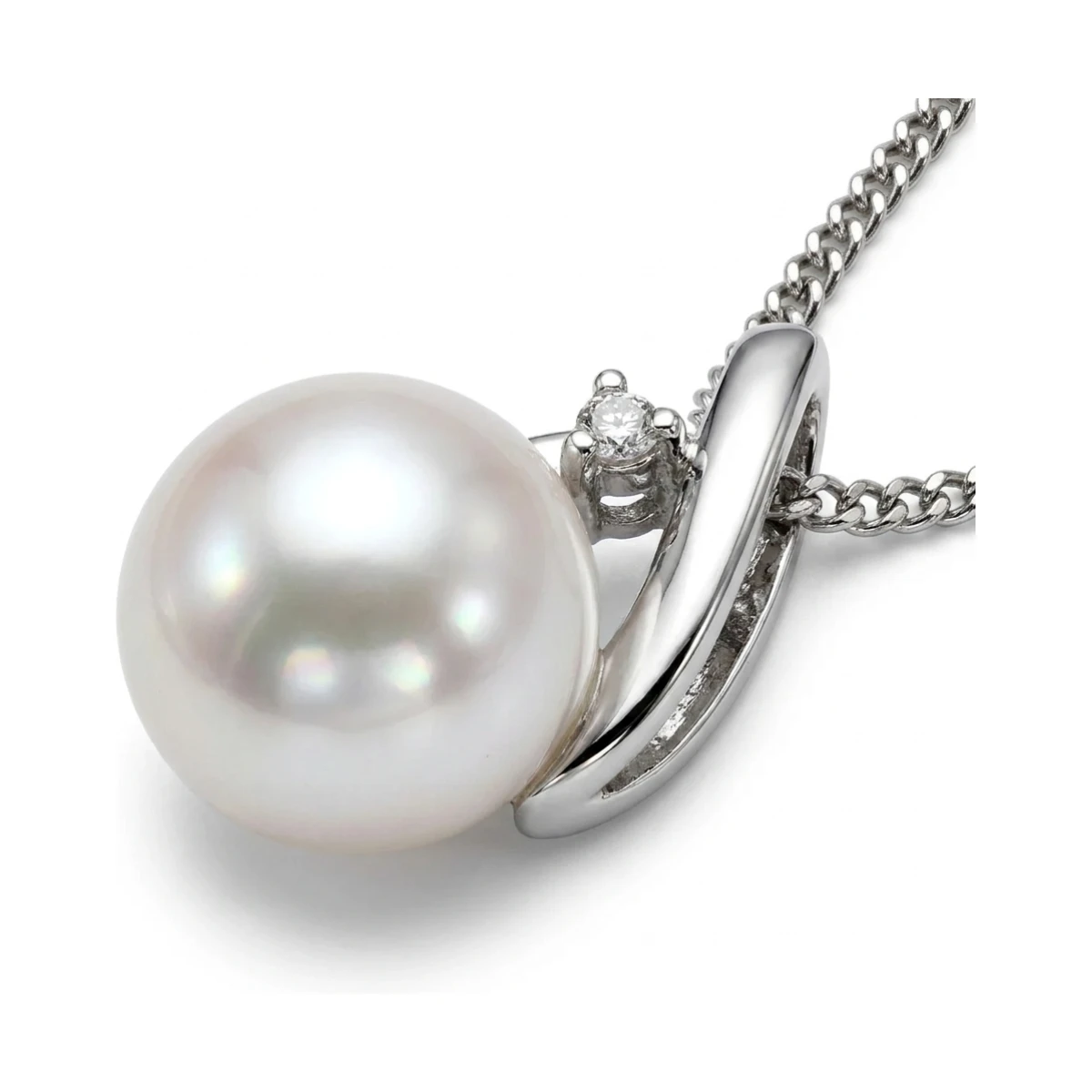 Freshwater Pearl & Claw Set Diamond Loop Design Pendant  |  9ct White Gold