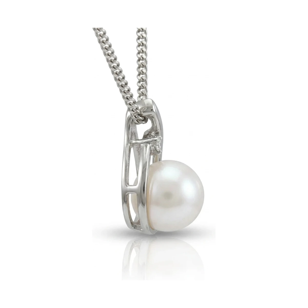 Freshwater Pearl & Claw Set Diamond Loop Design Pendant  |  9ct White Gold