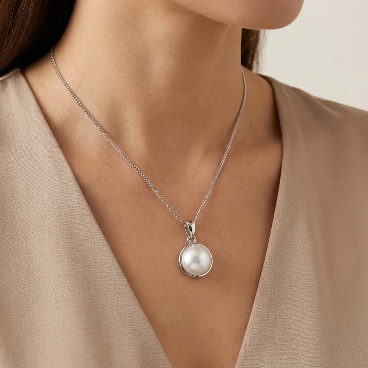 Freshwater Pearl Simple Circular Design Pendant  |  9ct White Gold
