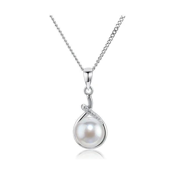 Freshwater Pearl & Diamond Cross-Over Loop Design Pendant  |  9ct White Gold