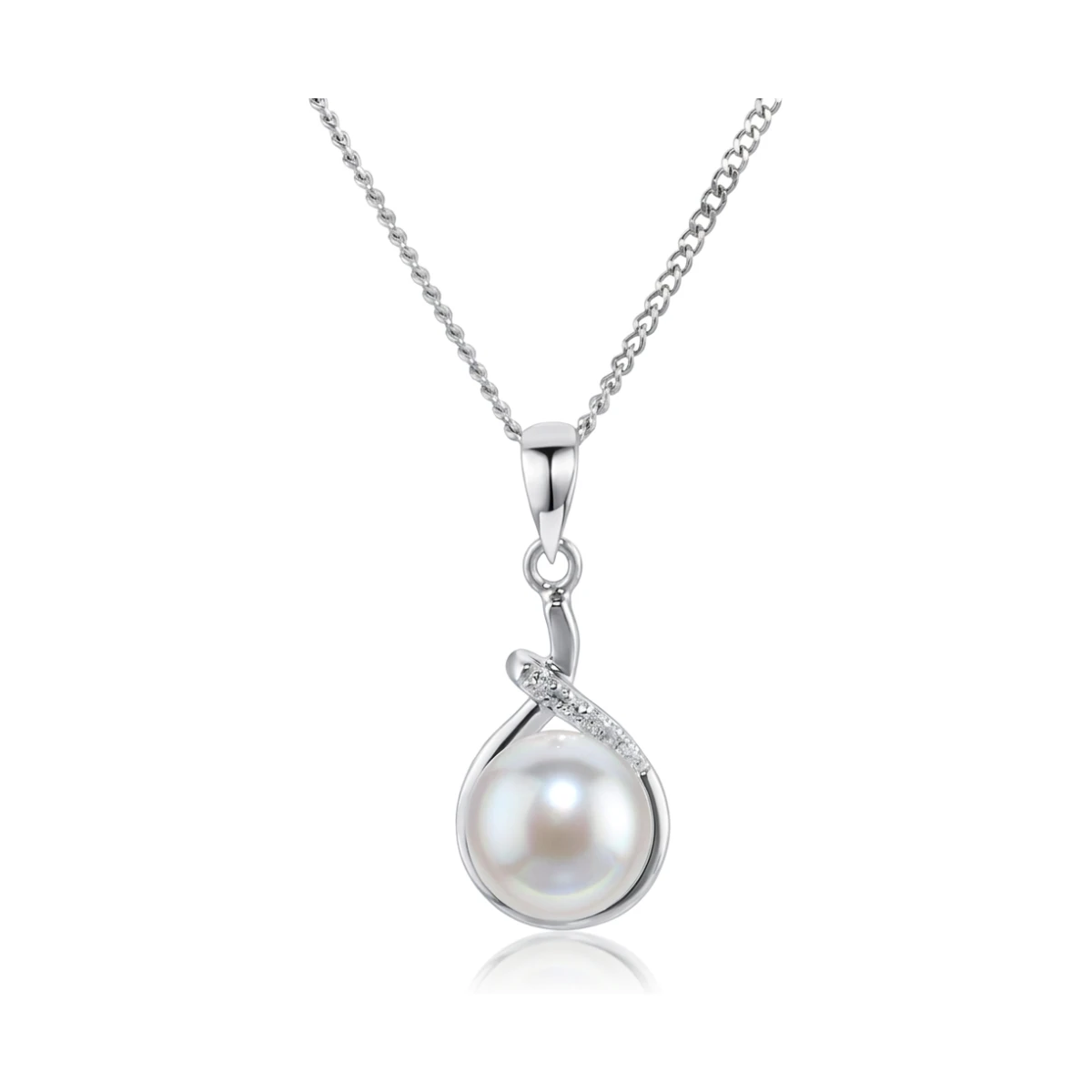 Freshwater Pearl & Diamond Cross-Over Loop Design Pendant  |  9ct White Gold