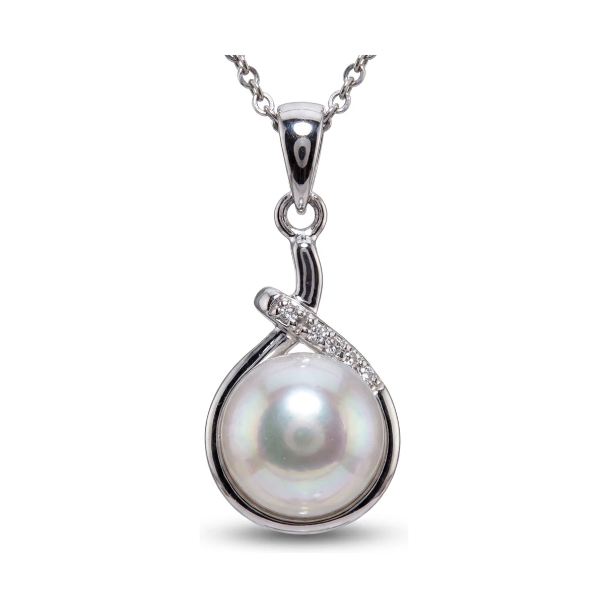 Freshwater Pearl & Diamond Cross-Over Loop Design Pendant  |  9ct White Gold