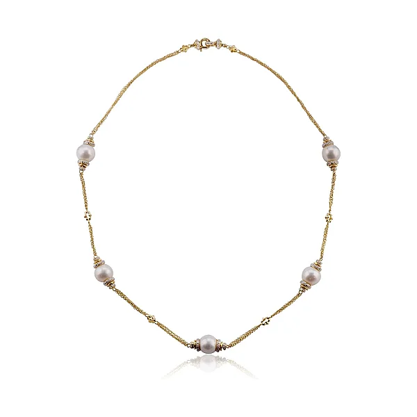 Freshwater Pearl & Diamond Triple Chain "Mary Berry" Necklace | 18ct Yellow gold 