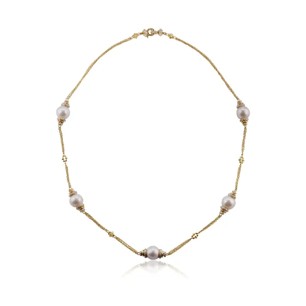 Freshwater Pearl & Diamond Triple Chain "Mary Berry" Necklace | 18ct Yellow gold 