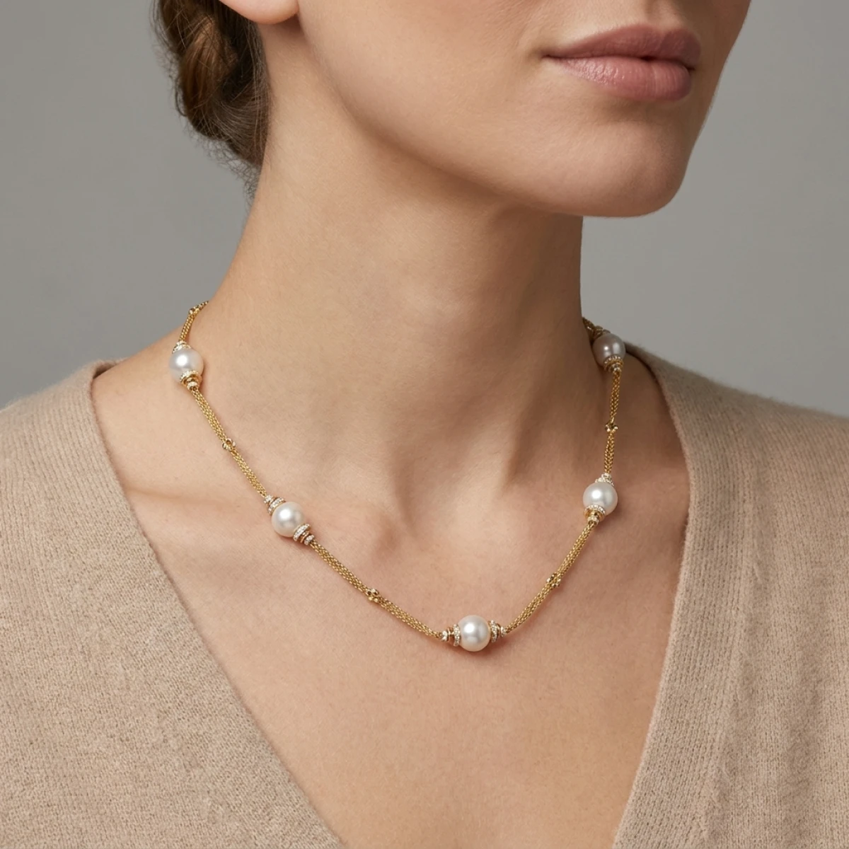 Freshwater Pearl & Diamond Triple Chain "Mary Berry" Necklace | 18ct Yellow gold 