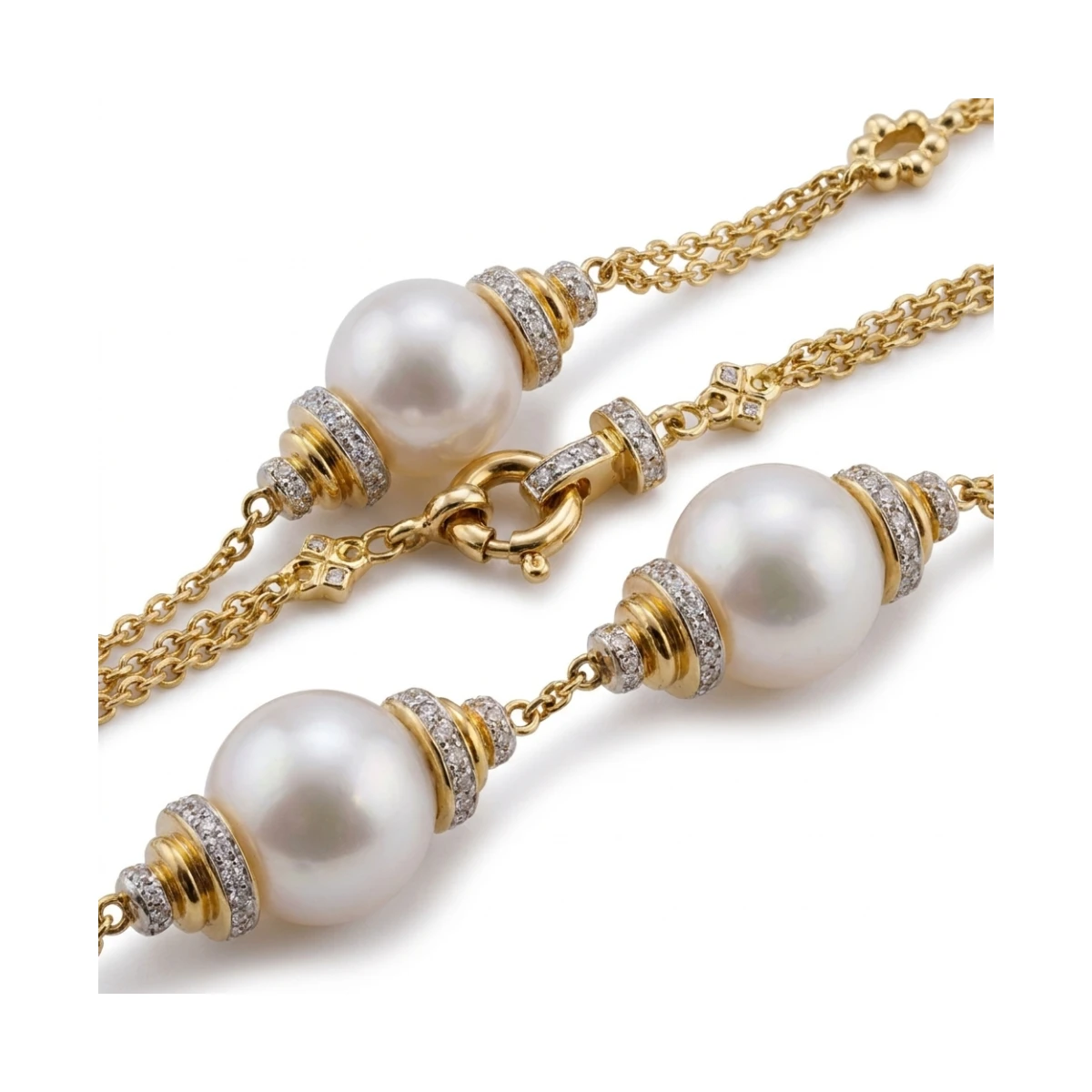 Freshwater Pearl & Diamond Triple Chain "Mary Berry" Necklace | 18ct Yellow gold 
