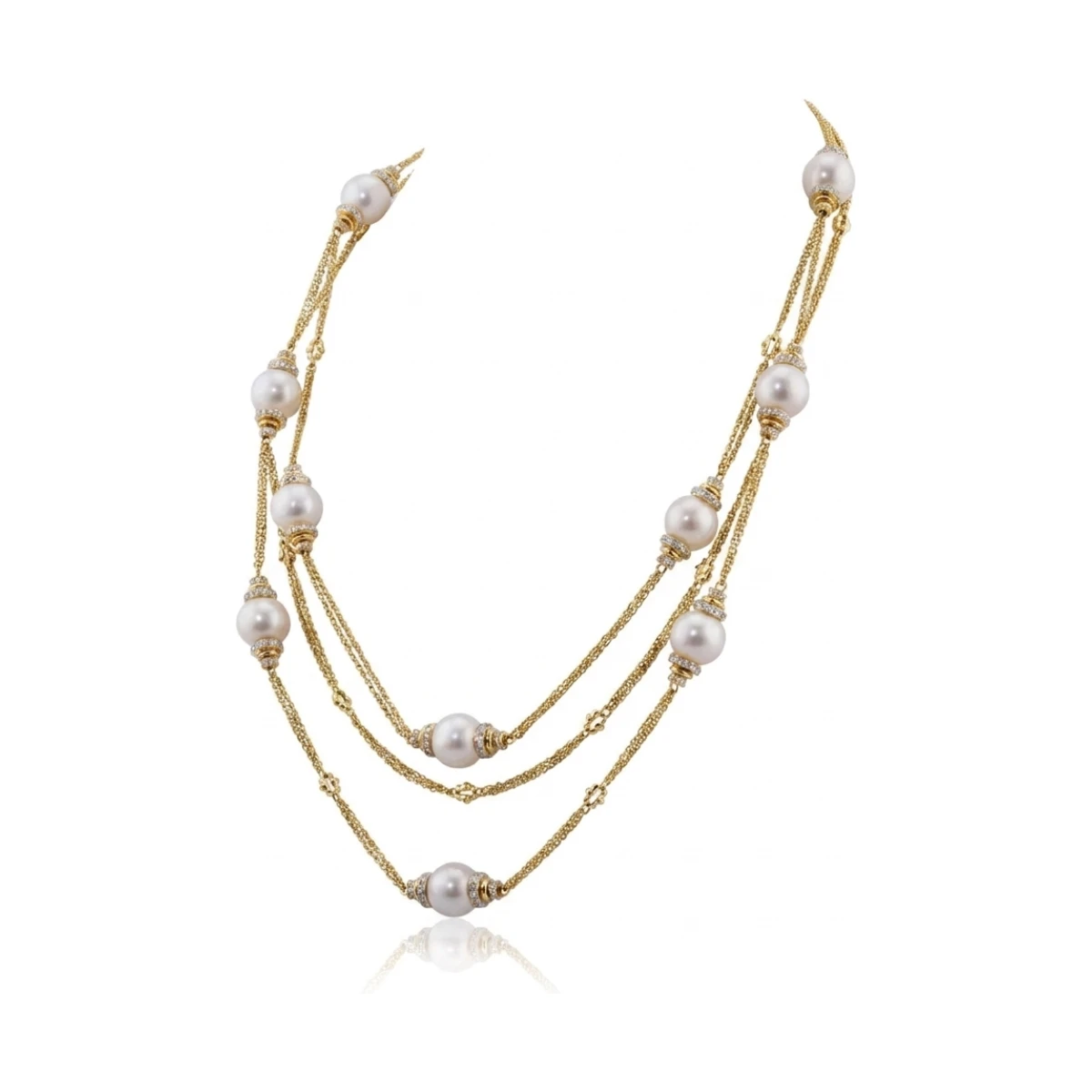 Freshwater Pearl & Diamond Triple Chain "Mary Berry" Necklace | 18ct Yellow gold 