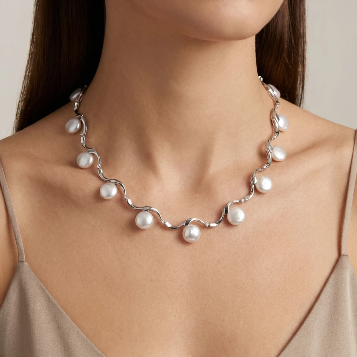 Contemporary Freshwater Pearl & Diamond Collar Necklace | 14ct White Gold
