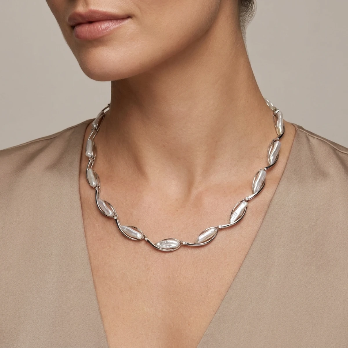 Freshwater Biwa Pearl & Diamond Collar Necklace | 14ct White Gold