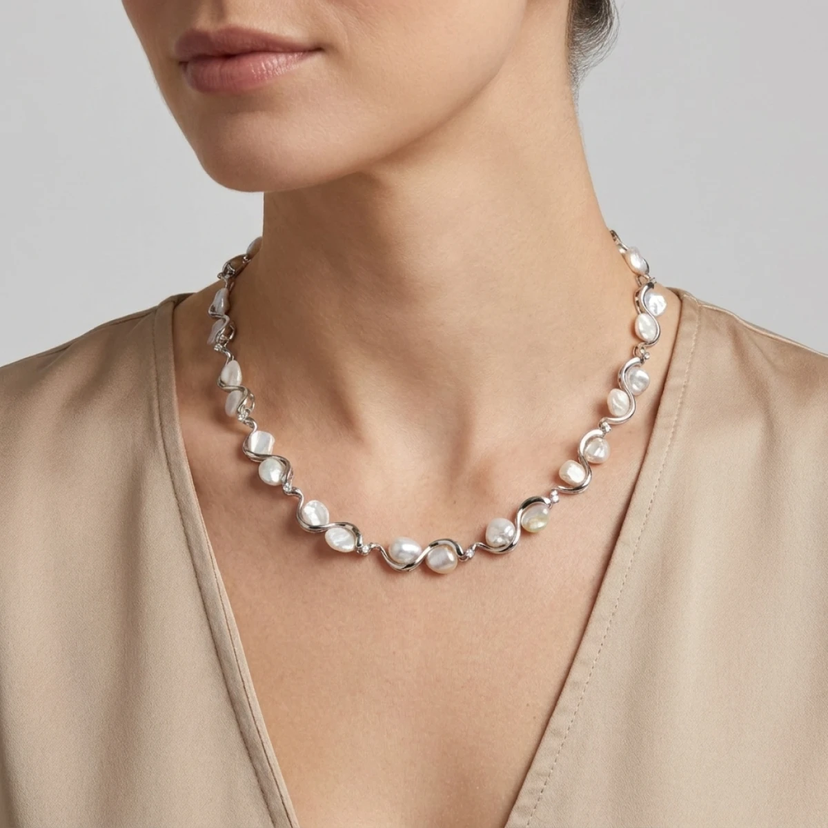 Freshwater Keshi Pearl & Diamond Collar Necklace | 14ct White Gold
