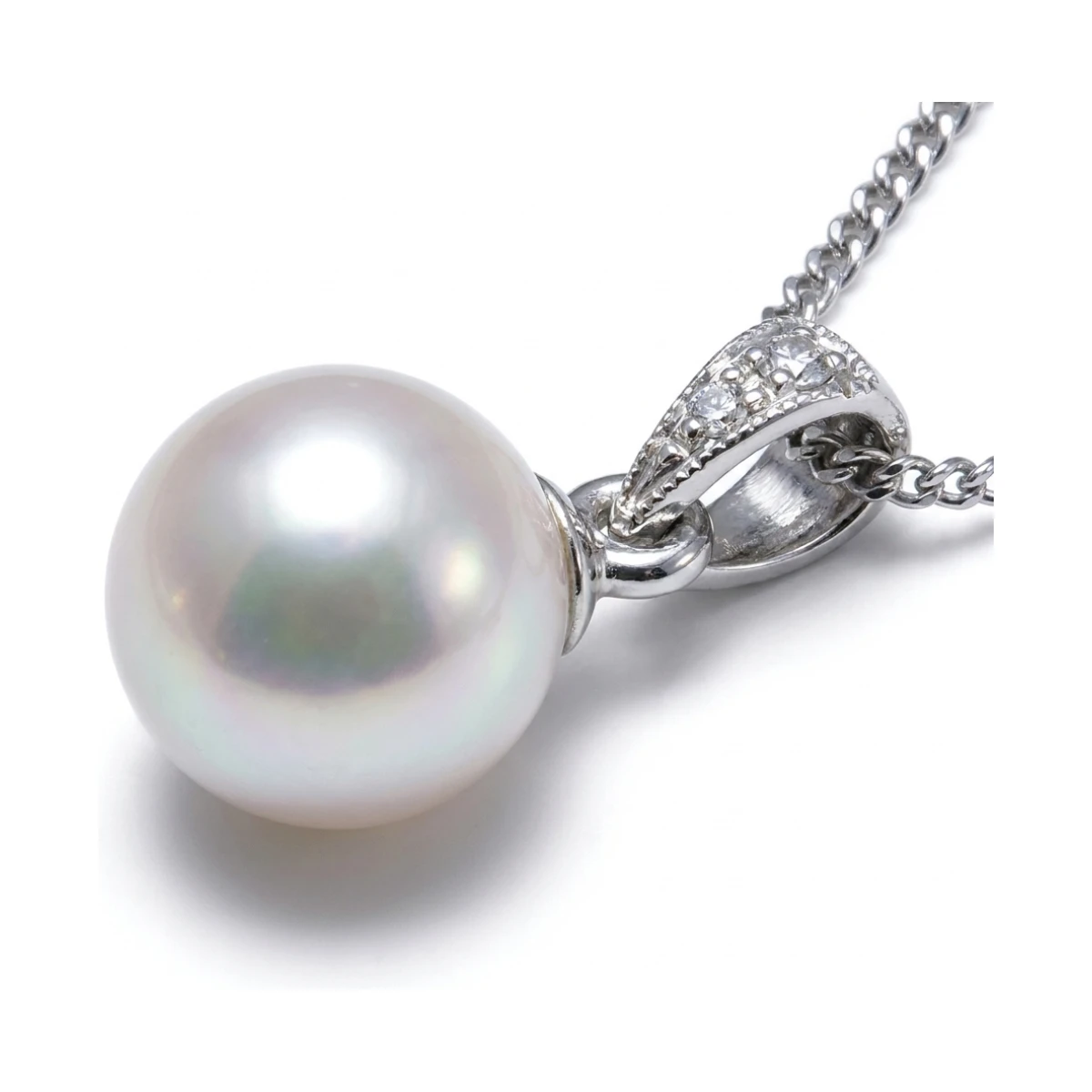 Vintage Style Akoya Pearl & Grain Set Diamond Pendant | 9ct white Gold
