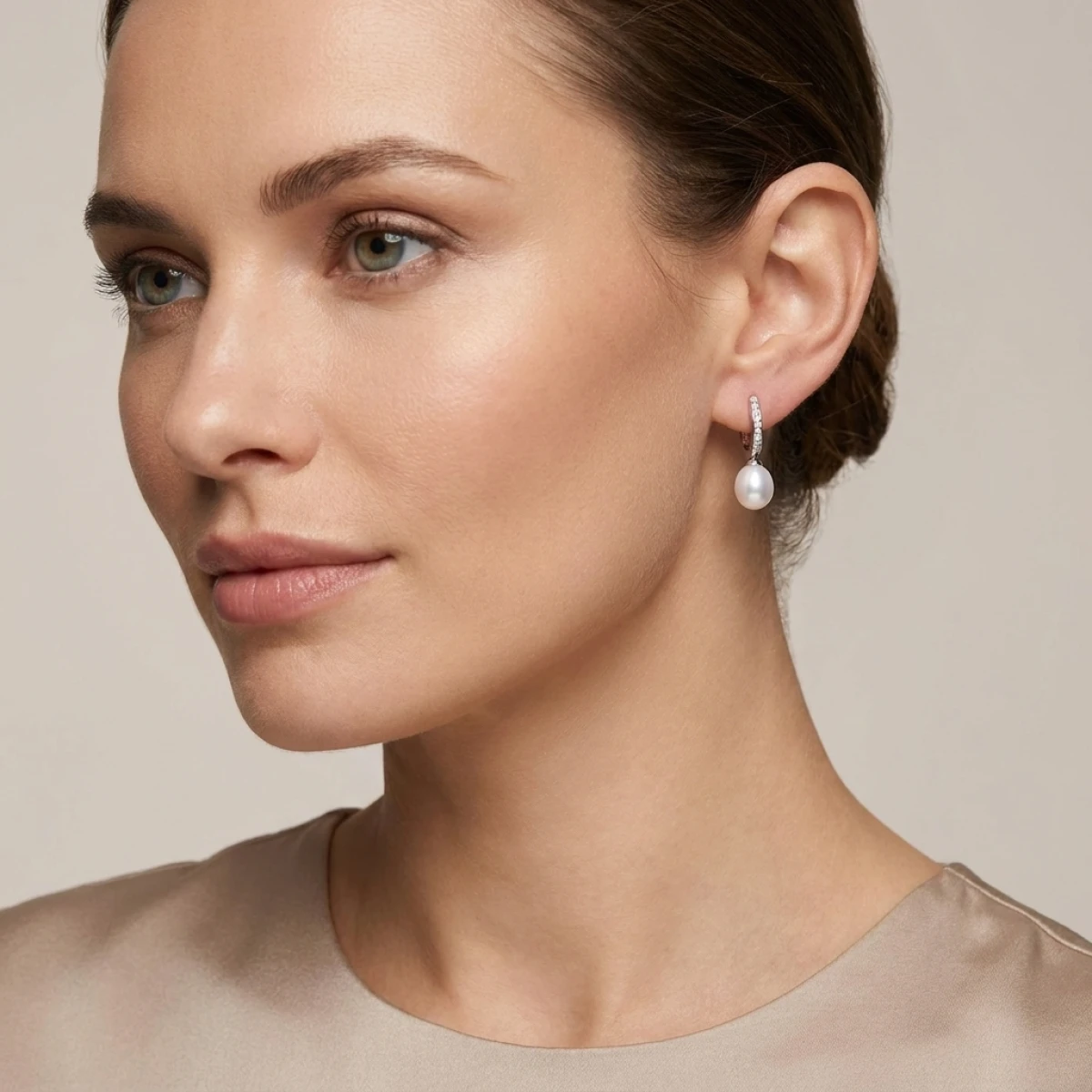 Freshwater Pearl & Cubic Zirconia Huggie Earring  |  Silver