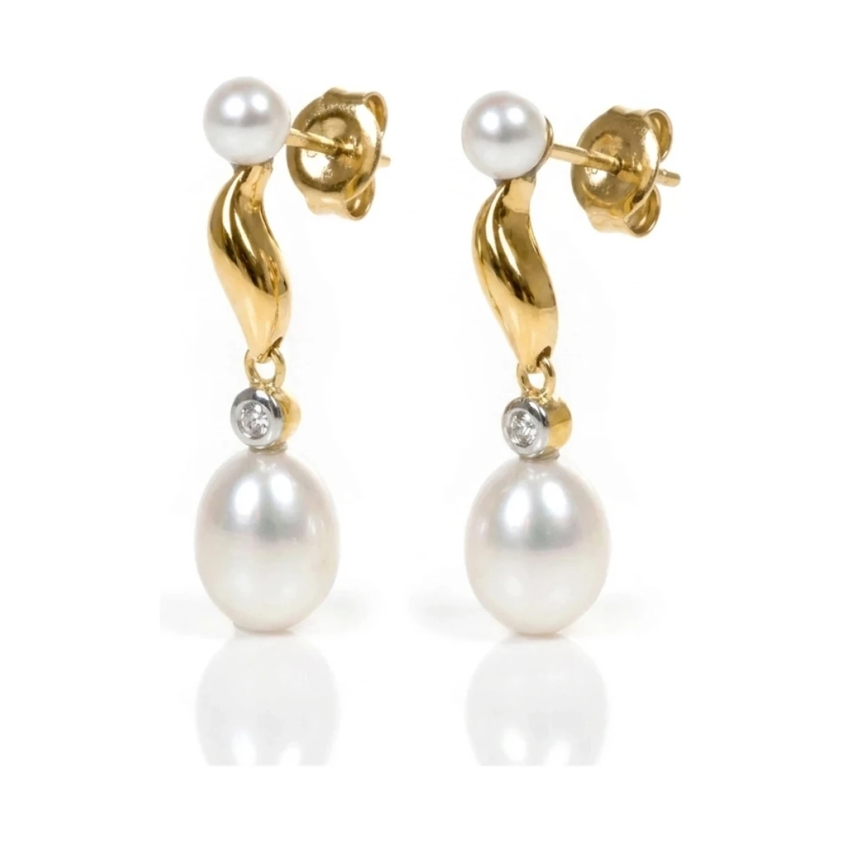 Freshwater Pearl & Diamond "S" Shape Drop Earrings  |  9ct Gold