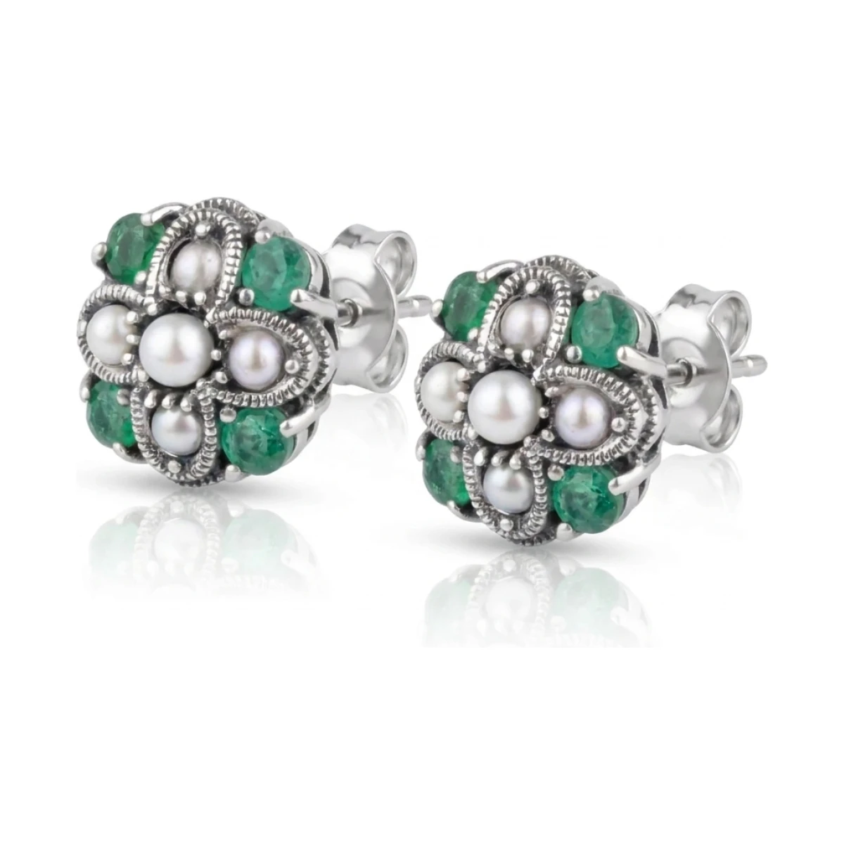 Emerald and Freshwater Seed Pearl Stud Earrings  |  Silver