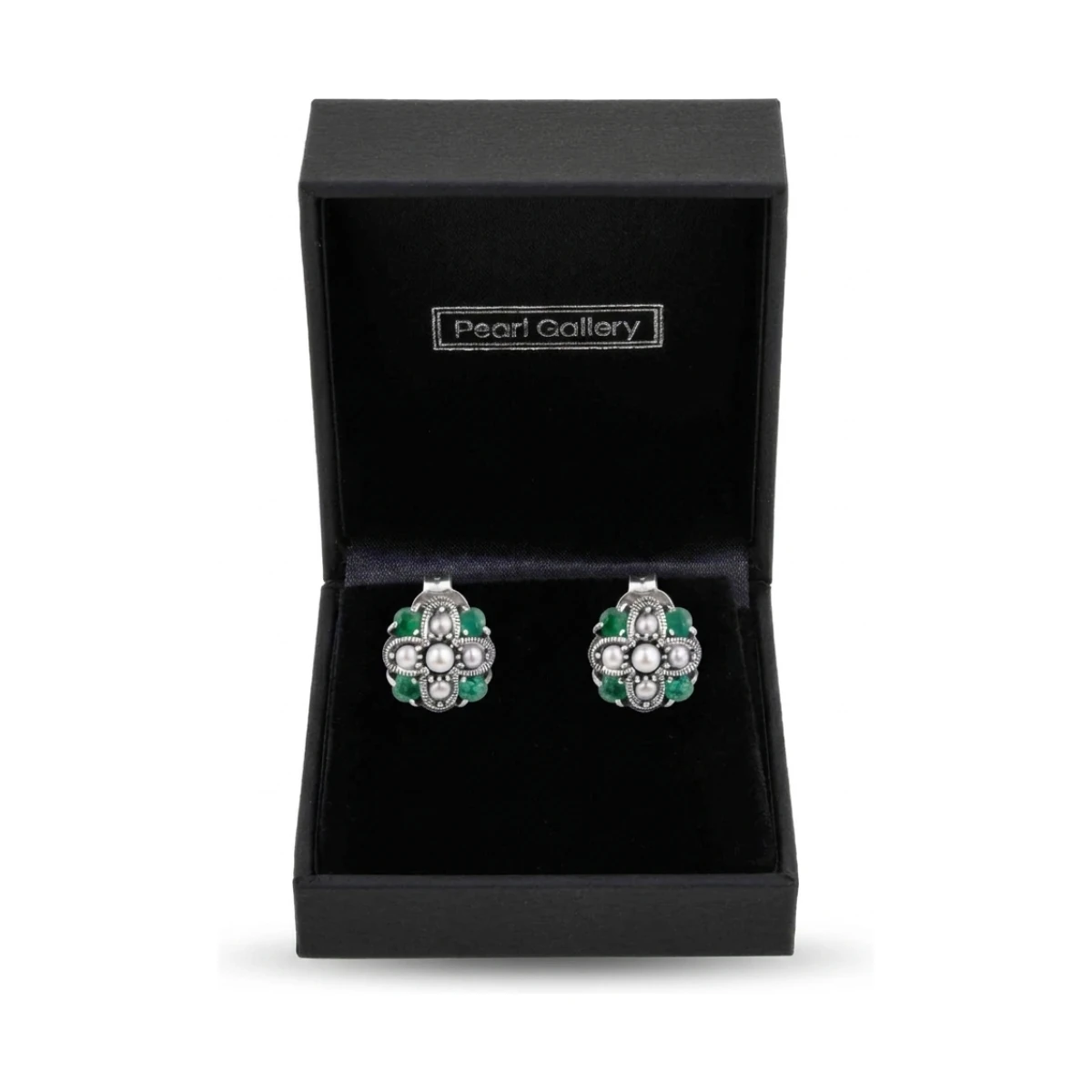 Emerald and Freshwater Seed Pearl Stud Earrings  |  Silver