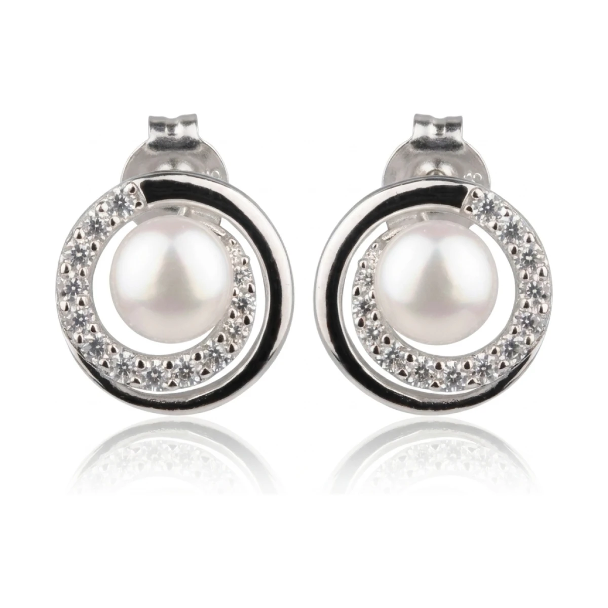  Freshwater Cultured Pearl & Cubic Zirconia Spiral Stud Earrings  |  Silver