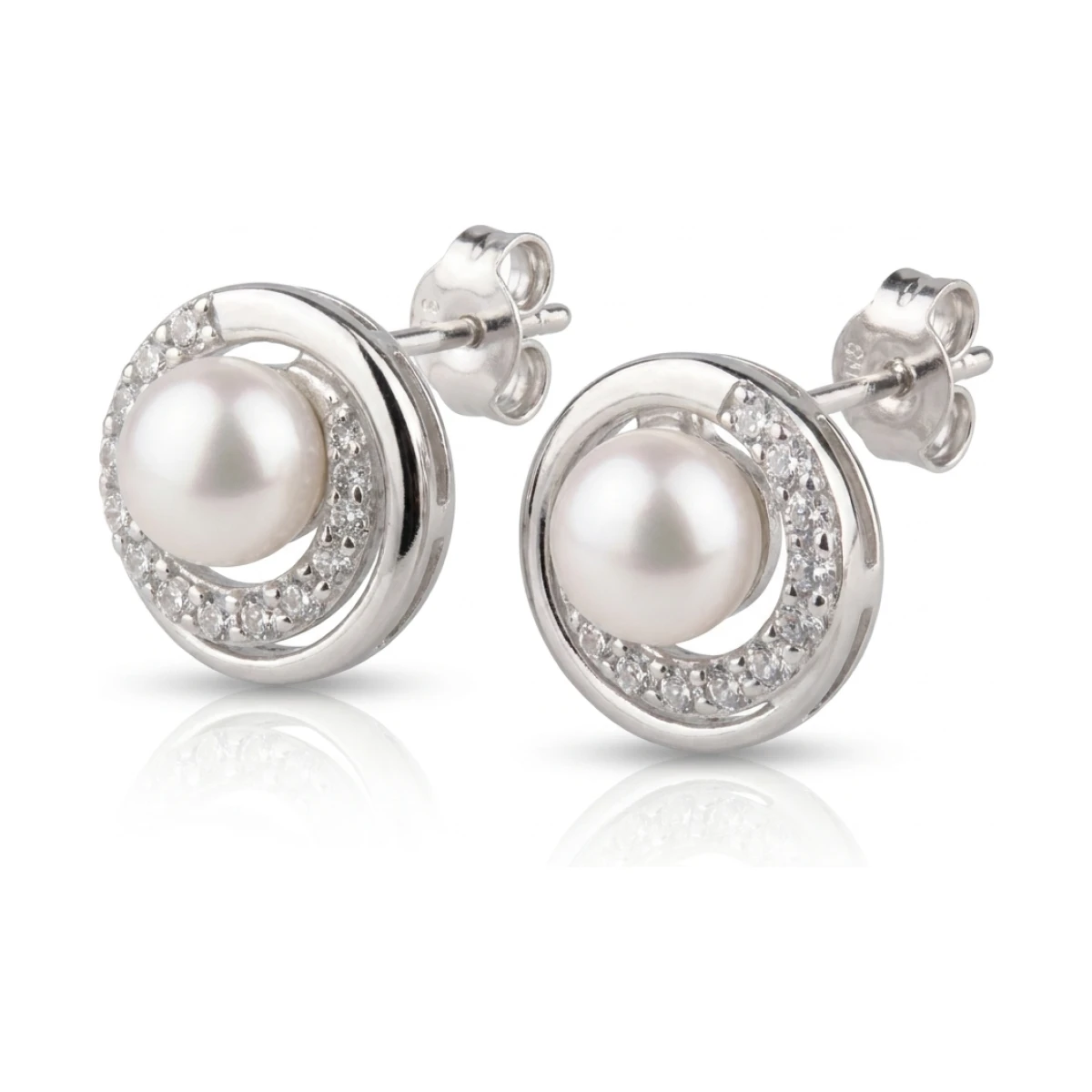  Freshwater Cultured Pearl & Cubic Zirconia Spiral Stud Earrings  |  Silver