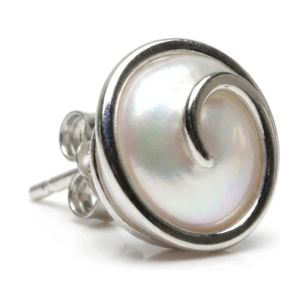 Swirl Design Coin Pearl Stud Earrings  |  Silver 