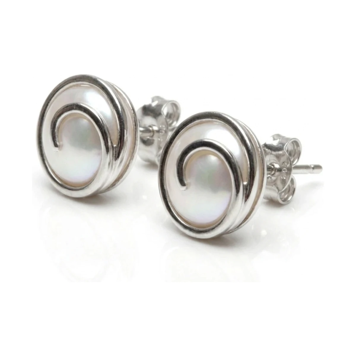 Swirl Design Coin Pearl Stud Earrings  |  Silver 