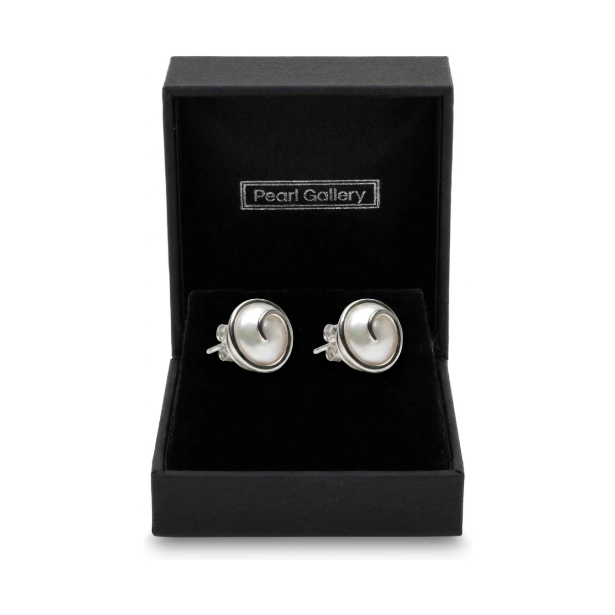 Swirl Design Coin Pearl Stud Earrings  |  Silver 