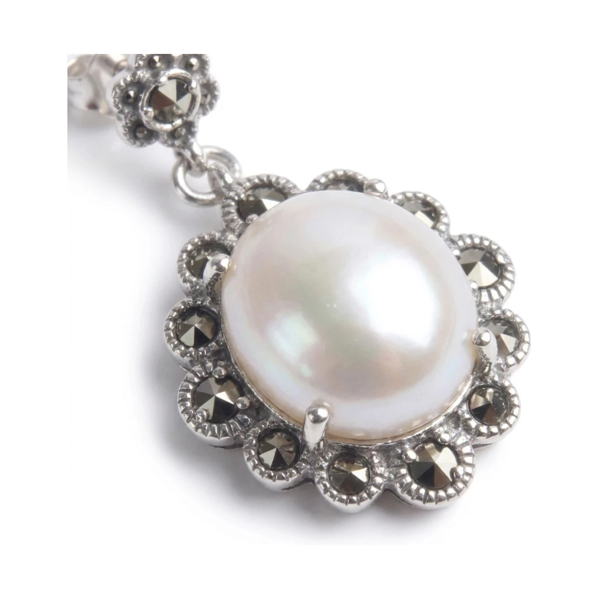 Freshwater Cultured Pearl & Marcasite Drop Earrings  |  Silver 