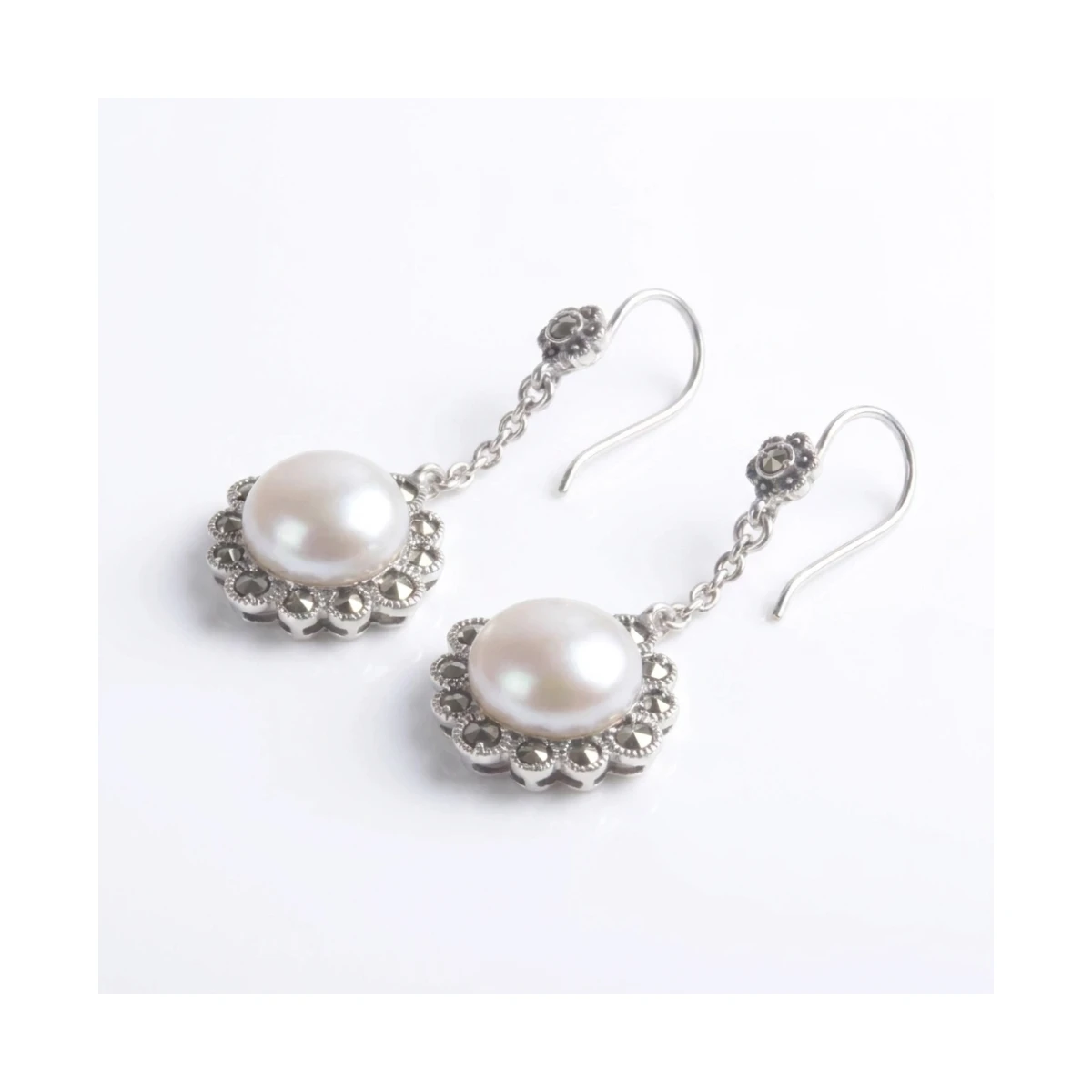 Freshwater Cultured Pearl & Marcasite Drop Earrings  |  Silver 