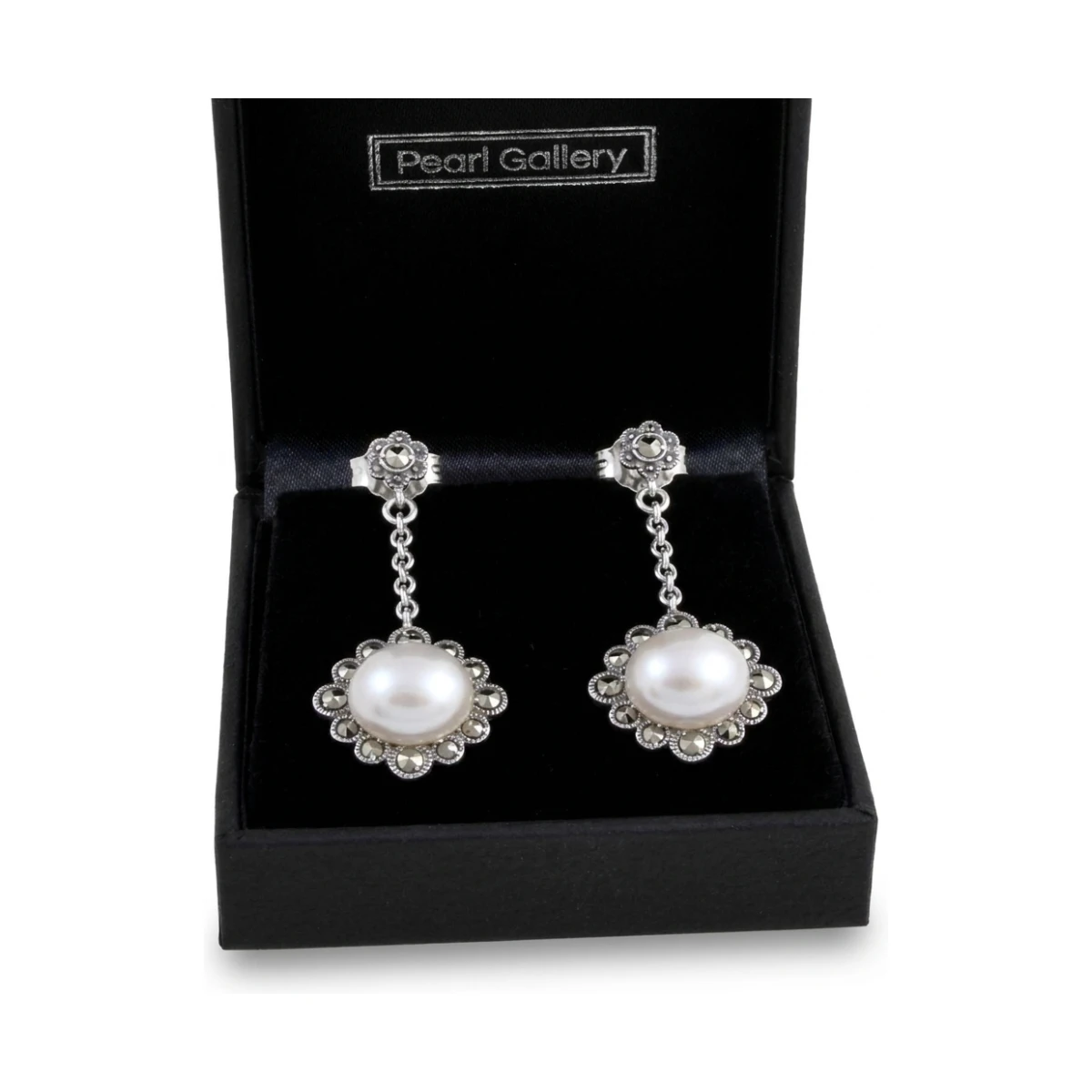 Freshwater Cultured Pearl & Marcasite Drop Earrings  |  Silver 