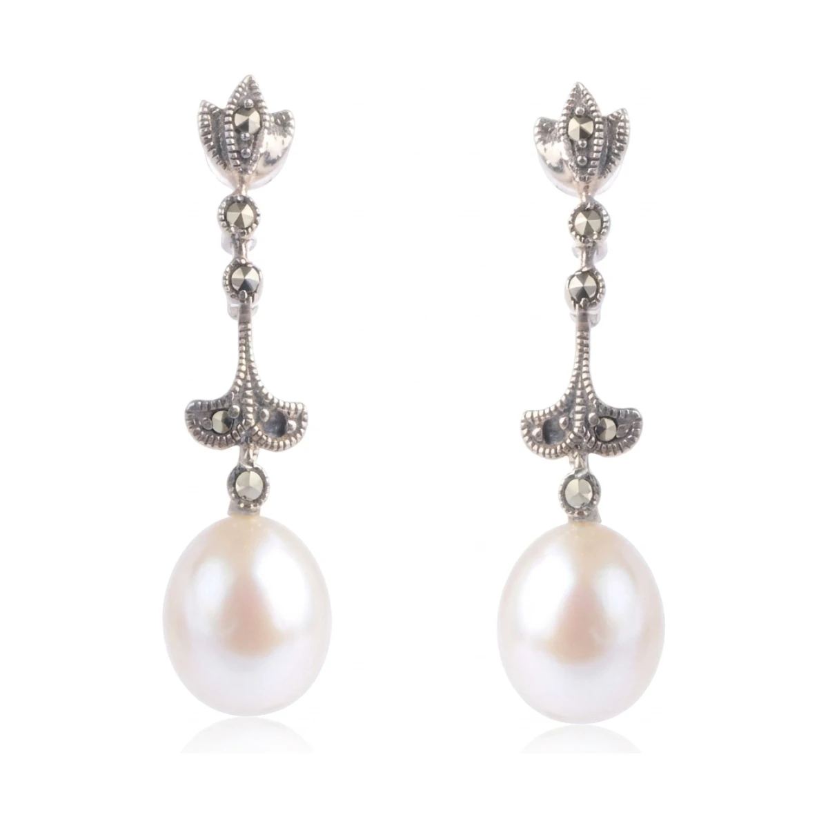  Freshwater Cultured Pearl & Marcasite Fleur-de Lys Drop Earrings  |  Silver