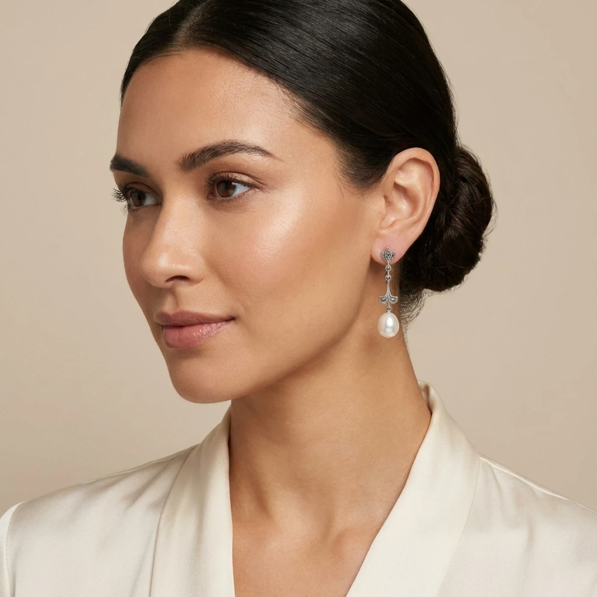  Freshwater Cultured Pearl & Marcasite Fleur-de Lys Drop Earrings  |  Silver