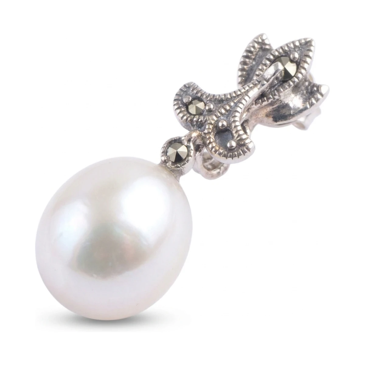  Freshwater Cultured Pearl & Marcasite Fleur-de Lys Drop Earrings  |  Silver