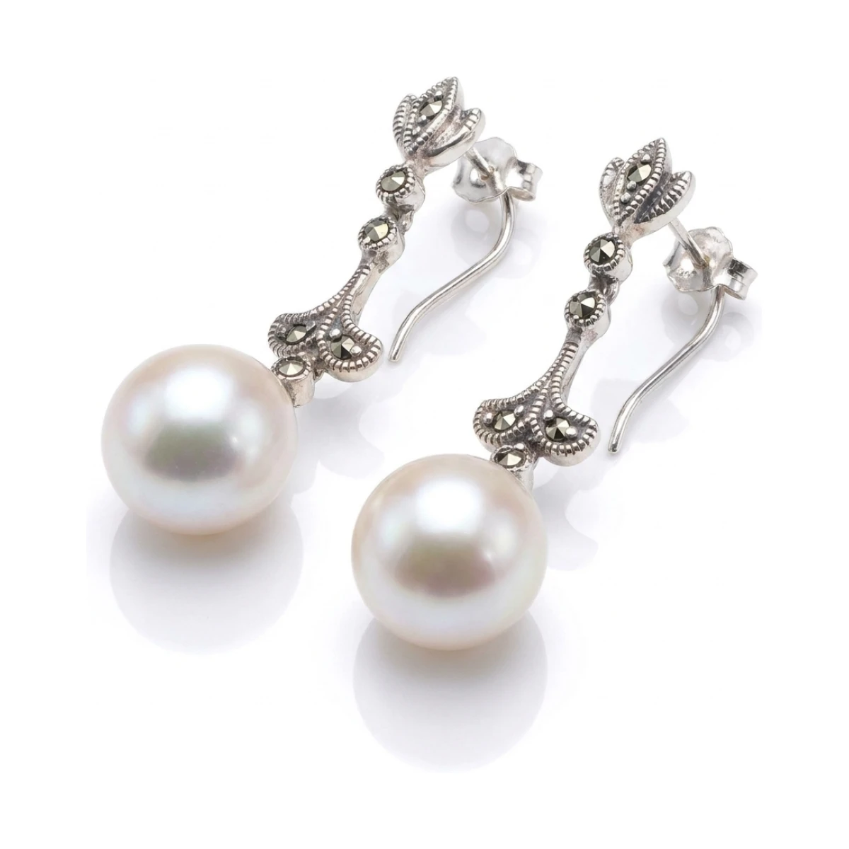  Freshwater Cultured Pearl & Marcasite Fleur-de Lys Drop Earrings  |  Silver