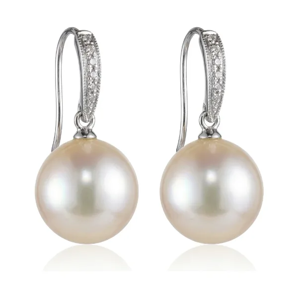 Dainty Vintage Style Freshwater Pearl & Diamond Earrings  |  18ct White Gold
