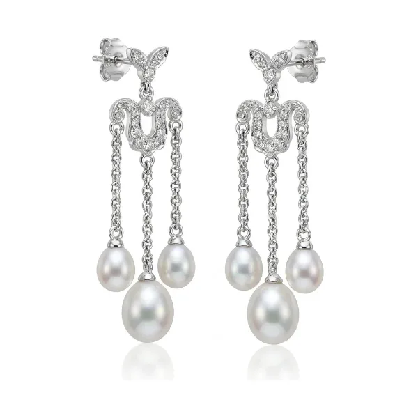 Freshwater Pearl & Diamond Triple Drop Antique Style Earrings  |  9ct White Gold