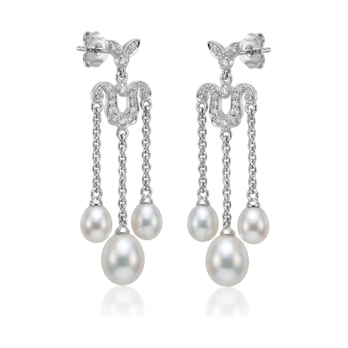 Freshwater Pearl & Diamond Triple Drop Antique Style Earrings  |  9ct White Gold