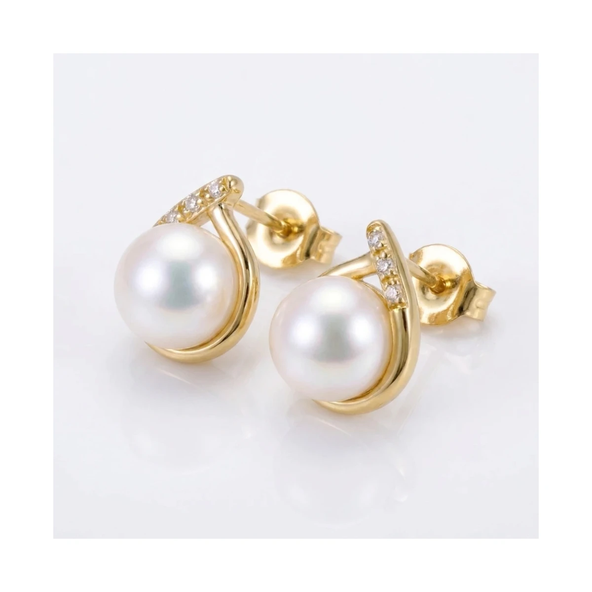 Freshwater Pearl & Diamond Crossover Dainty Stud Earrings  |  9ct Gold