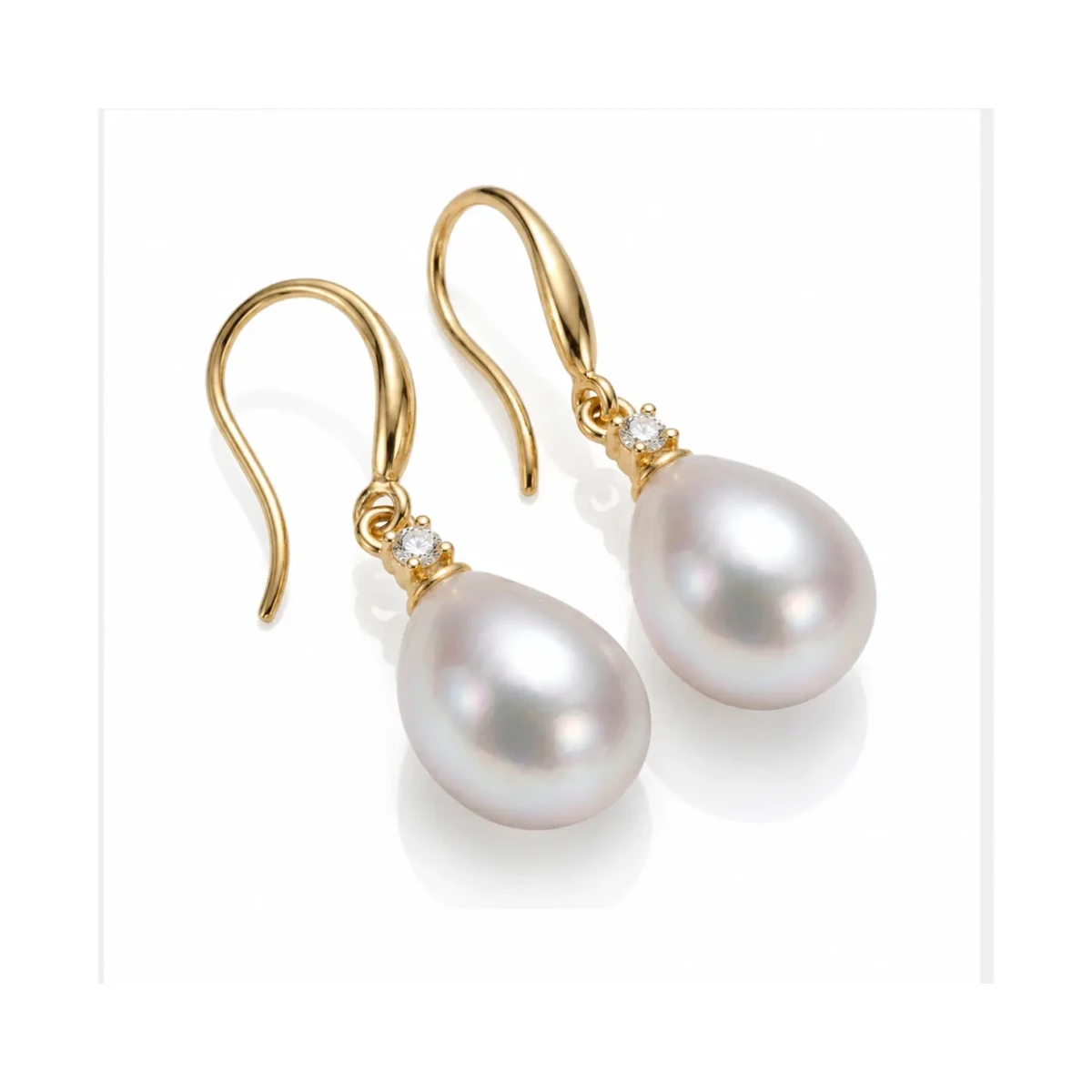 Freshwater Pearl Four Claw Diamond Hook Earrings  |  9ct Yellow Gold 