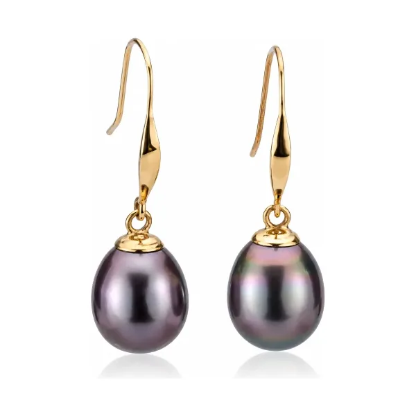 Black Freshwater Pearl Simple Hook Drop Earrings  | 9ct Yellow Gold 