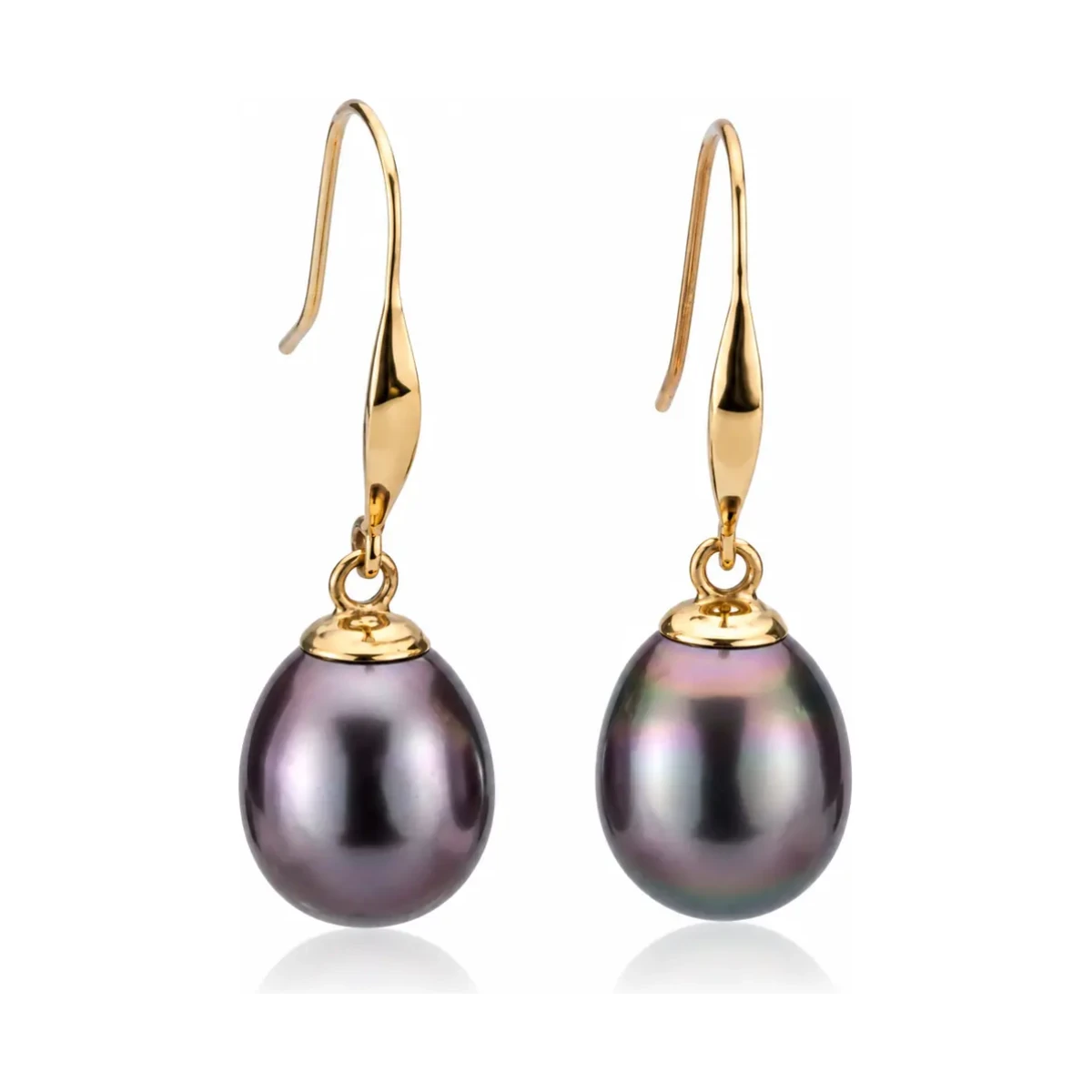 Black Freshwater Pearl Simple Hook Drop Earrings  | 9ct Yellow Gold 