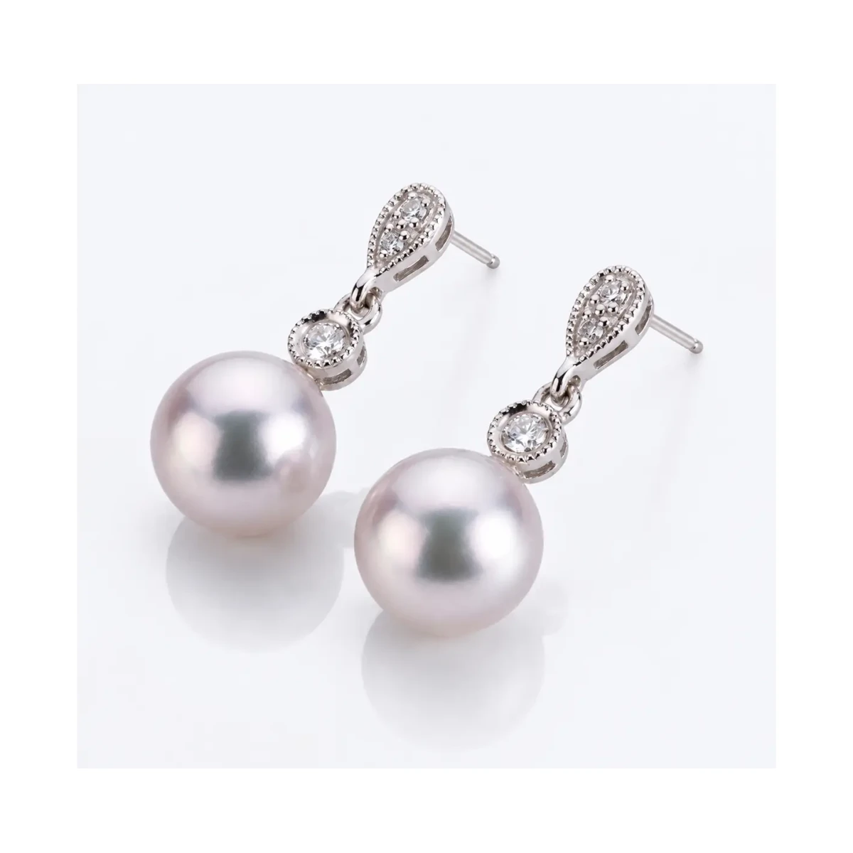 Akoya Pearl & Diamond Milgrain Drop Earrings  | 18ct white Gold 