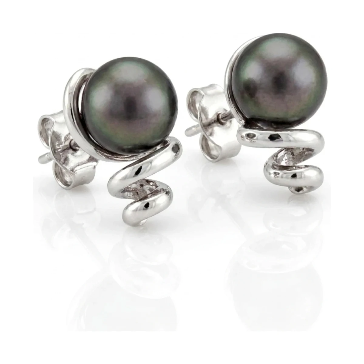 Black Akoya Pearl Spring-Like Design Stud Earrings  |  14ct White Gold
